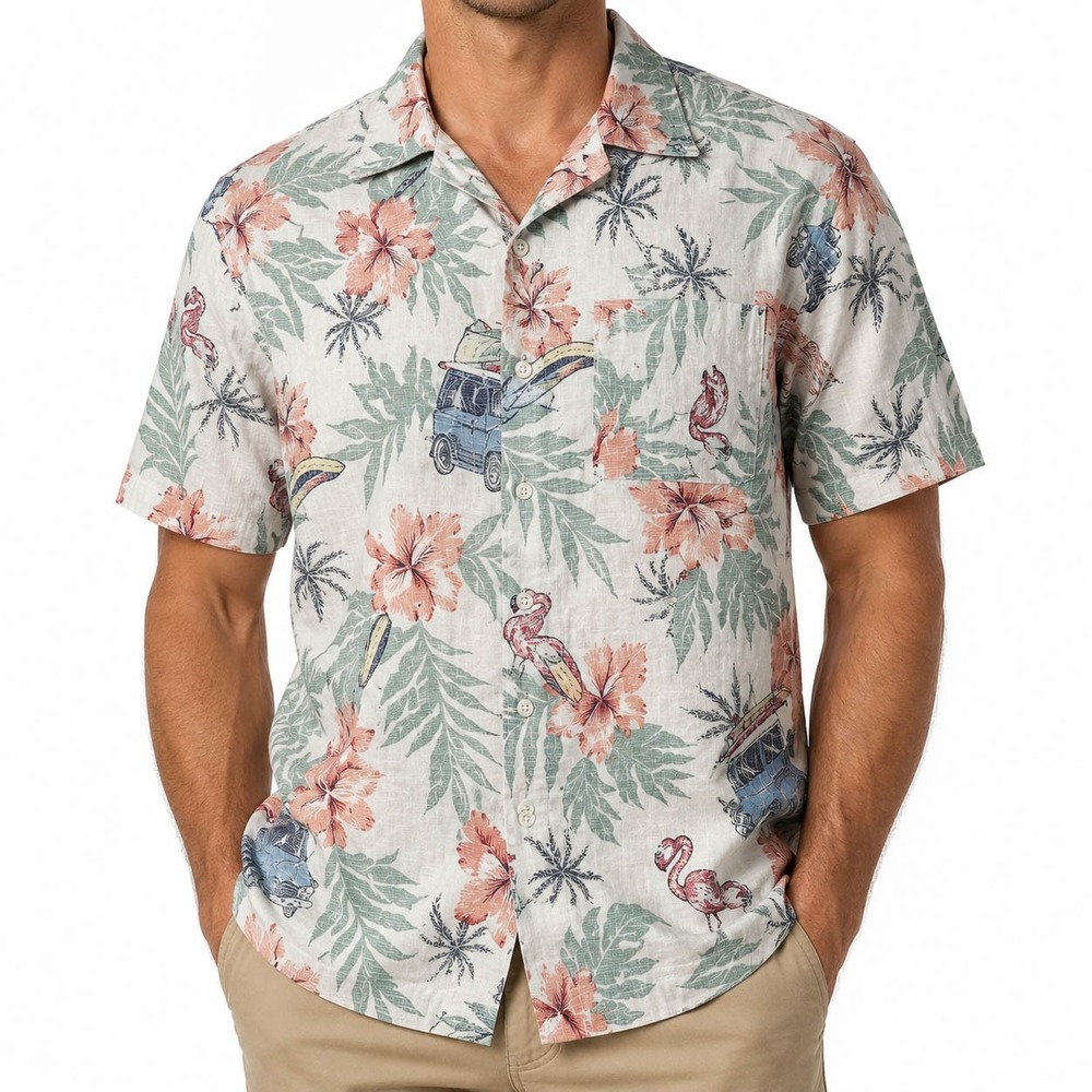 Izod‎ Saltwater Mens Medium Tropical Flamingo Surf Van Cotton Button Down Shirt